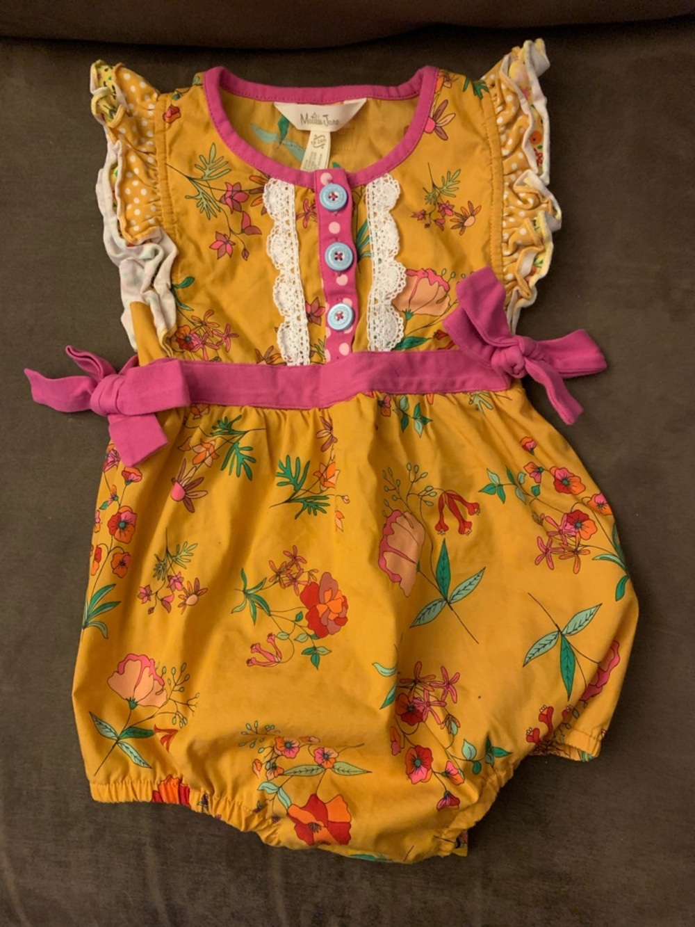 Matilda Jane Mustard Floral Baby Romper with Pink Trim